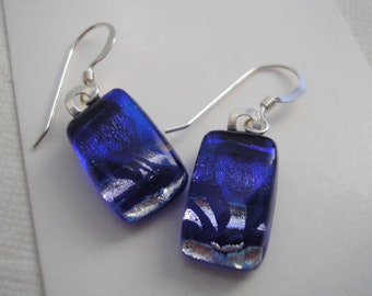 Deep Blue Earrings, Fused Glass, Blue & Silver Dichroic Glass, Sterling Silver Earwires Made in U.S.A., Women's  Blue Jewelry Kiln Fired