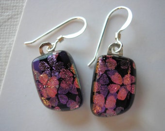 Flower Earrings, Dichroic Glass, Pink & Purple, Sterling Earwires, Fused Glass Jewelry, Floral Jewelry, Women's Dangles, Unique Earrings