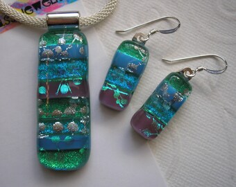 Earrings and Pendant Blue-Green with Silver Bubbles, Dichroic Glass Jewelry Set, Fused Glass, Silver Wires, Iridescent Glass