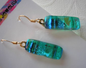 Dichroic Earrings, Aegean Green, 14K Gold Earrings, Blue-Green, Long Dangles, Iridescent Green Earrings, Color Shifting Glass, Ready to Ship