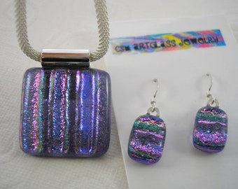 Purple Sparkle Set, Pendant & Earrings,  .925 Sterling Earwires, Dichroic Fused Glass,Iridescent Purples, Made in USA by Me, Moody Glass