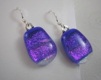 Fused Glass Earrings, Violet Purple Drop Earriings, Dichroic Jewelry, Iridescent Shimmering Dichroic Glass Dangles, Individually Hand Made