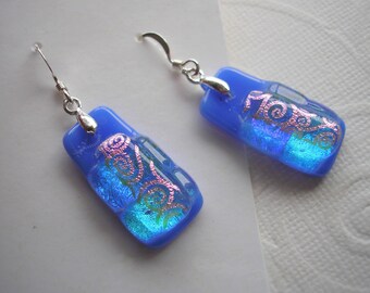 Earrings Cornflower Blue Dichroic Fused Glass Iridescent Colors Sterling Silver Earwires Womens Blue Jewelry Sparkling Dangle Drop