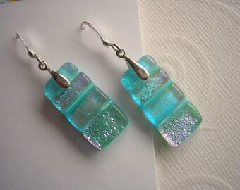 Turquoise & Pink Earrings, Fused Glass, Sterling Silver, Dichroic Iridescent Glass, Rectangular Dangles, Women's Accessories, Island Colors