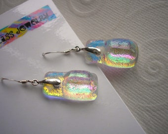 Color Shifting Pastel Earrings, Fine Silver, Dichroic Fused Glass, Handmade Cabochons, Travel Jewelry, Ladies' Accessories, Women's Gift