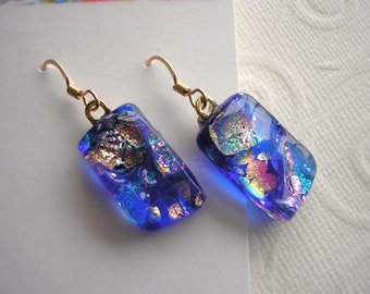 Blue Sparkling Earrings, Dichroic Glass, Mardi Gras Multicolor, 14K Gold Filled Dangles, Iridescent Jewelry, Artisan Made in U.S.A., Boho