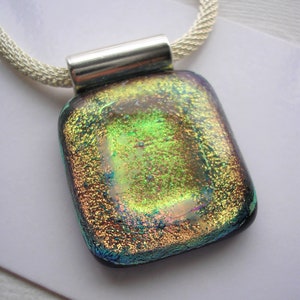 Dichroic Pendant Iridescent Gold, Necklace Fused Glass, Jewelry for HER, Kiln Fired, silver jewelry, Gold on Gold