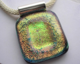 Dichroic Pendant Iridescent Gold, Necklace Fused Glass, Jewelry for HER, Kiln Fired, silver jewelry,