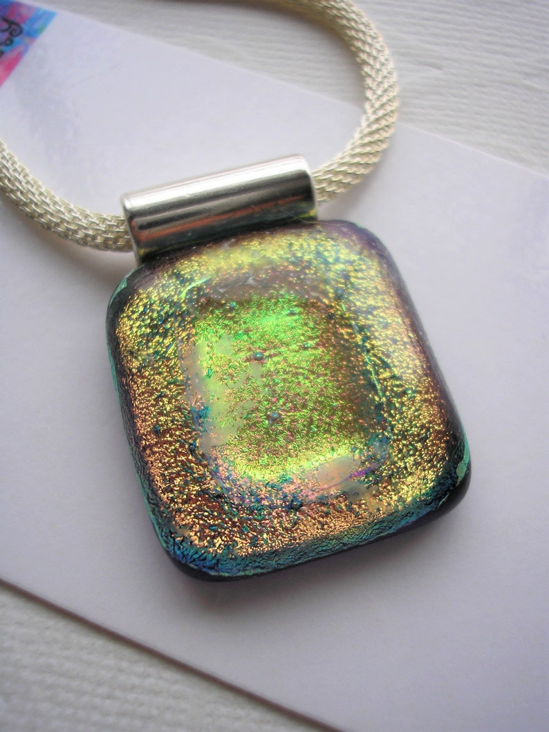 Dichroic Pendant Iridescent Gold, Necklace Fused Glass, Jewelry for HER, Kiln Fired, silver jewelry, Gold on Gold