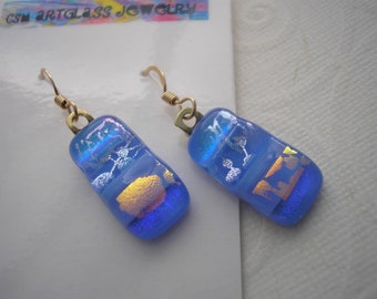 Dichroic Earrings Cornflower Blue with Gold Accents 14K Gold Filled Earwires Blue Dangles Iridescent Glass Kiln Polished Gift for Her USA