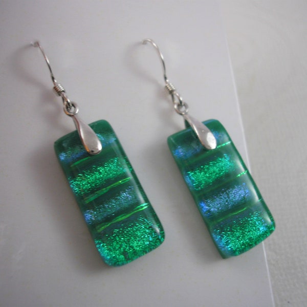 Dichroic Earrings, Sea Green, Sterling Silver, Kiln Fused Glass, Teal Green Dangles OOAK Earrings, Iridescent, St Patricks Day