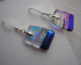 Blue & Gold Flashy Earrings, Dichroic Fused Glass, .925 Sterling Silver Earwires, Made in USA, Color Shifting Space Glass, Gift for Her