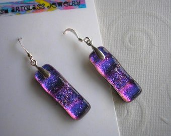 Dichroic Glass Earrings, Blue-Violet Iridescence, Fused Glass, .925 Sterling Silver, Women's Drop Earrings Purple, Long Dangles Pierced,Boho