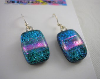 Dichroic Glass Earrings, Sparkling Teal & Pink,  Sterling Silver, Iridescent Glass Dangles, Light Catching, Fused Glass, Womens Accessories