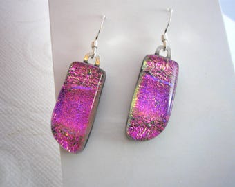 Pink Dichroic Earrings Iridescent Glass Sterling Silver Dangles