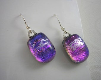 Earrings Purple Shimmer, Dichroic Fused Glass, Fine Silver Wires, Hand Carved, Glass Jewelry, Iridescent Violet Glass,  Women's Earrings