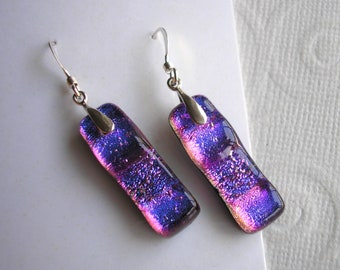 Blue Violet Dangle Earrings, Dichroic Fused Glass, .925 Sterling Silver, Women's Drop Earrings Purple, Long Dangles, Pierced, Iridescent