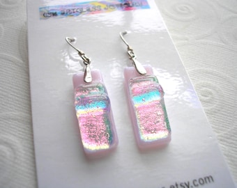 Petal Pink Dichroic Glass Earrings, Sterling Silver, Handmade Dangle Jewelry, Gift
