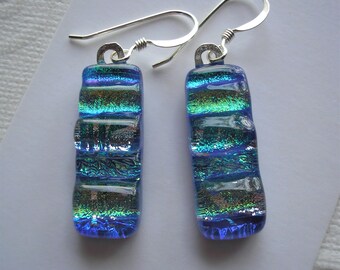 Dichroic Glass Earrings, Blue-Green Sea Sparkle, Fused Glass, Fine Silver, Striped Accessories, Bohemian Jewelry