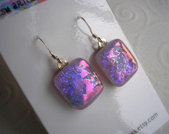 Dichroic Earrings Flashy Hot Pink on Lilac Glass, Chunky Dangles, Silver Jewelry, One of A Kind Creation, Spring Colors, Gift for Her Dichro