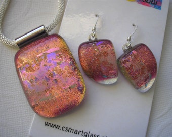 Pendant and Earrings Set, Iridescent Mango, Dichroic Fused Glass, Sterling Earwires, Made in USA, Space Glass