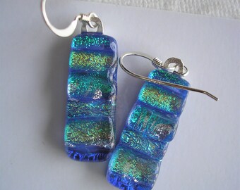 Dichroic Glass Earrings, Blue-Green Sea Sparkle, Fused Glass, Fine Silver, Striped Accessories, Bohemian Jewelry