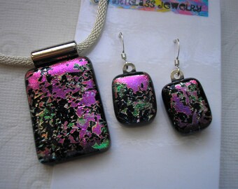 Magenta and Black Pendant and Earrings, Handmade in New England, Dichroic Glass, .925 Sterling Silver Earwires, Beautiful Gift for HER, Boho