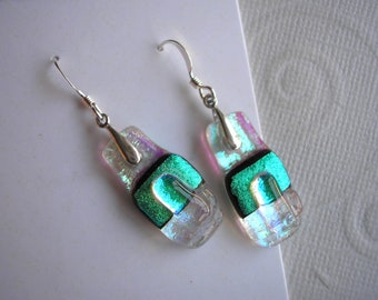 Dichroic Glass Earrings, Mint Green and Gold Sparkle, Sterling Silver, Hidden Colors, Silver Jewelry, One of a Kind Dangles, Hand Crafted