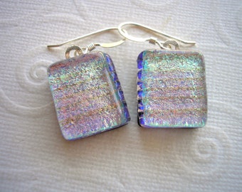 Chunky Earrings, Dichroic Glass, Soft Colors, Silver Jewelry, Sparkly Pale Peach Purple, Stripes Inside, Softly Sparkling Dangles