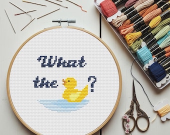 Funny, subversive modern cross stitch kit with pattern. What the duck?