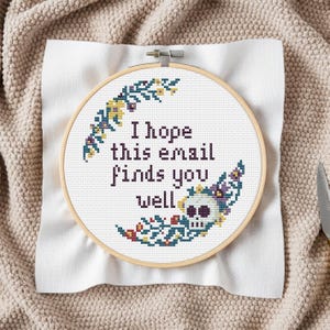 May include: A cross-stitch embroidery hoop with the text "I hope this email finds you well." The design includes a skull and floral elements in purple, yellow, and teal. The hoop is set on white fabric.