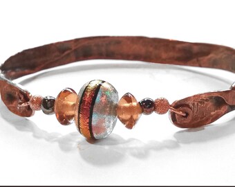 Hammered Copper Bangle with Iridescent Bead