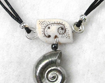 Nautilus shell and carved bone necklace
