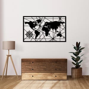 Découvrez l'art mural carte du monde ; Carte en acier faite main avec boussole ; Décoration de voyage moderne en noir, or, bronze ; 3 tailles ; Cadeau pour les explorateurs