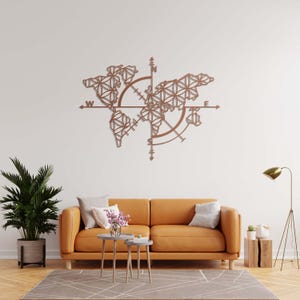 Kompas en geometrische wereldkaart; Metalen muurkunst; 3D-staalontwerp; Op reizen geïnspireerd decor; 5 kleuren; Minimalistisch cadeau; Handgemaakt