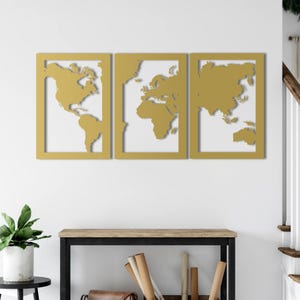 Dreiteilige Weltkarte Wandkunst; Gerahmtes Metalldesign; 3D-Stahl-Paneele; Reisegeschenk; Modernes Dekor; 5 Farben; Leicht zu Handgemacht Aufhängen