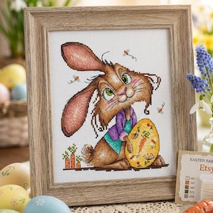 Easter Bunny Cross Stitch, Rabbit with Egg Pattern, Modern Embroidery PDF, Spring Home Decor