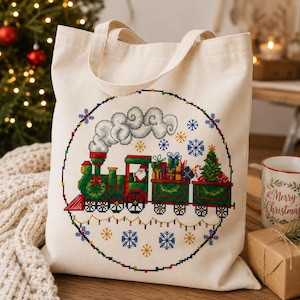 Christmas Train Cross Stitch Pattern, Winter Express Embroidery, Santa Steam Engine Needlepoint (PDF)