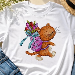 Korsstygnsmönster för vårkatt, broderidiagram med blommiga kattungetulpaner (PDF-nedladdning)