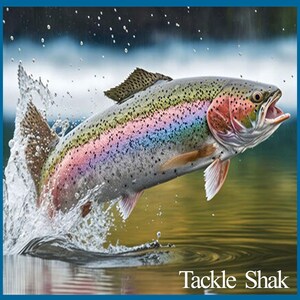 May include: A rainbow trout leaps out of the water, creating a splash of water droplets. The fish has a silver body with iridescent rainbow scales. The background is a blurred image of a blue sky and green foliage.
