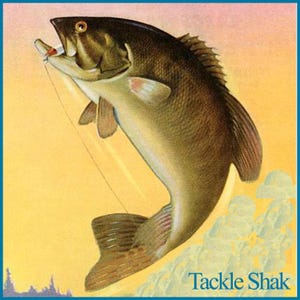 May include: A brown and green bass fish jumping out of the water with a fishing line attached to its mouth. The fish is in mid-air with its tail fin extended. The background is a yellow and pink gradient. The text "Tackle Shak" is in the bottom right corner of the image.
