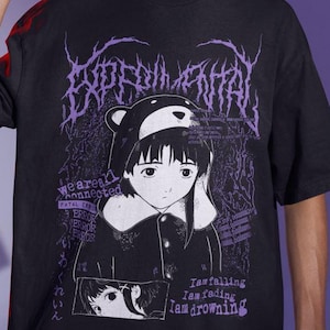 May include: Black graphic t-shirt with a purple design and text. The design features an anime-style illustration of a girl wearing a bear hat. Additional text includes "we are all connected", "ERROR", and Japanese characters.