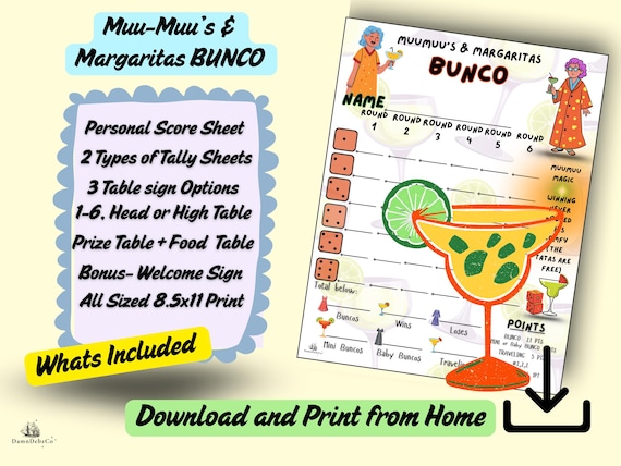 Muu muu's & Margarita Bunco Night Printable Game, Girls Night Party Kit