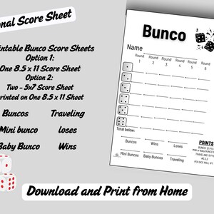 Peut inclure: Une feuille de score Bunco imprimable avec le texte Personal Score Sheet, Bunco, et une grille pour les manches un à six. Le document comprend des sections pour les Buncos, victoires, défaites et points, avec un graphique de trois dés à points rouges.