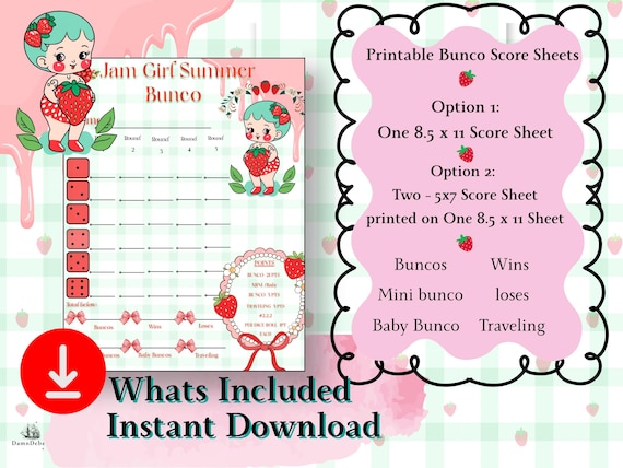 Jam Girl Summer Bunco Score Sheet: Retro Kawaii Printable (Instant Download)