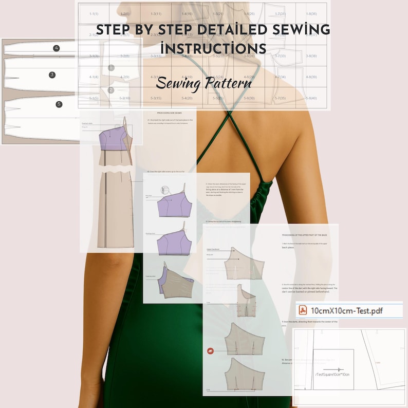 May include: A sewing pattern with detailed instructions. The image shows diagrams and text, including "STEP BY STEP DETAILED SEWING INSTRUCTIONS" and "Sewing Pattern". The pattern includes a diagram labeled "10cmx10cm-Test.pdf". The background is a woman's back in a green dress.