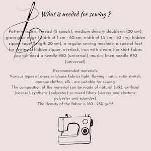 May include: A sewing-themed graphic with text listing sewing supplies and materials. The text includes measurements in centimeters. A drawing of a sewing machine is at the bottom. The text reads "What is needed for sewing?"