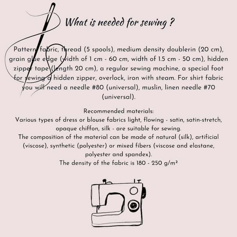 May include: A sewing-themed graphic with text listing sewing supplies and materials. The text includes measurements in centimeters. A drawing of a sewing machine is at the bottom. The text reads "What is needed for sewing?"