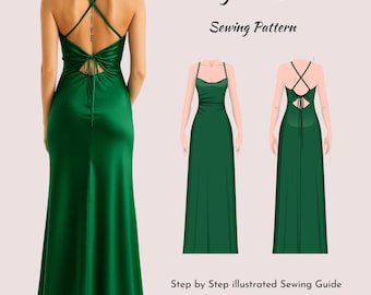 Puede incluir: Se muestra un vestido de noche verde con espalda baja y tirantes finos. La imagen también incluye ilustraciones del vestido y el texto "Evening Dress Pattern" y "PDF DIGITAL SEWING PATTERN".