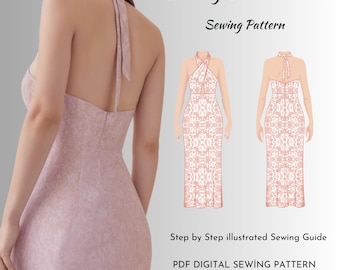 Evening Dress Sewing Pattern PDF | Halter Neck Maxi Dress Pattern | Digital Dress Pattern | Formal Gown Sewing Pattern | US 8 & 12
